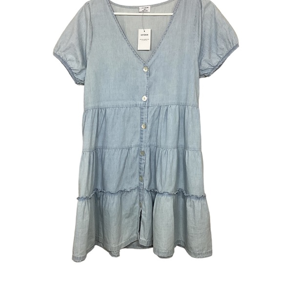Cottonon Chambray Woven Tawni Tiered Babydoll Mini Dress Size Small Light wash - Picture 2 of 8
